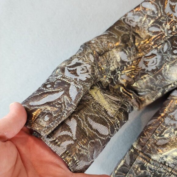 Chicos Gold Metallic Floral Shimmer Jacket Full Zip Front Pockets Snap Cuffs 2 - Picture 4 of 11